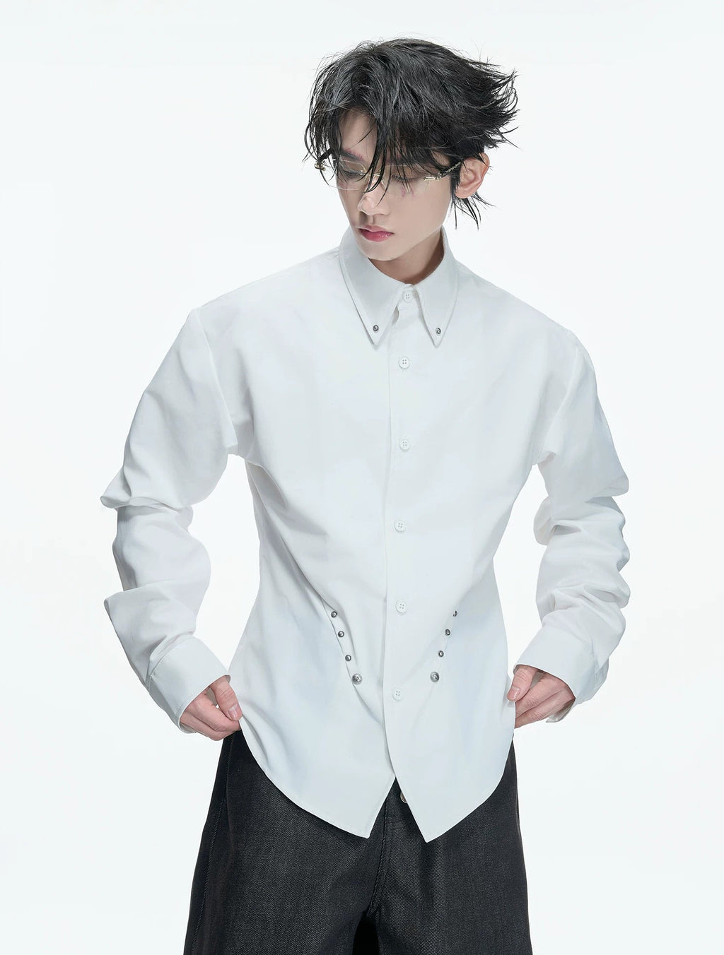 Studded Waist-Shaped Puff-Sleeve Shirt — White - Top — styling