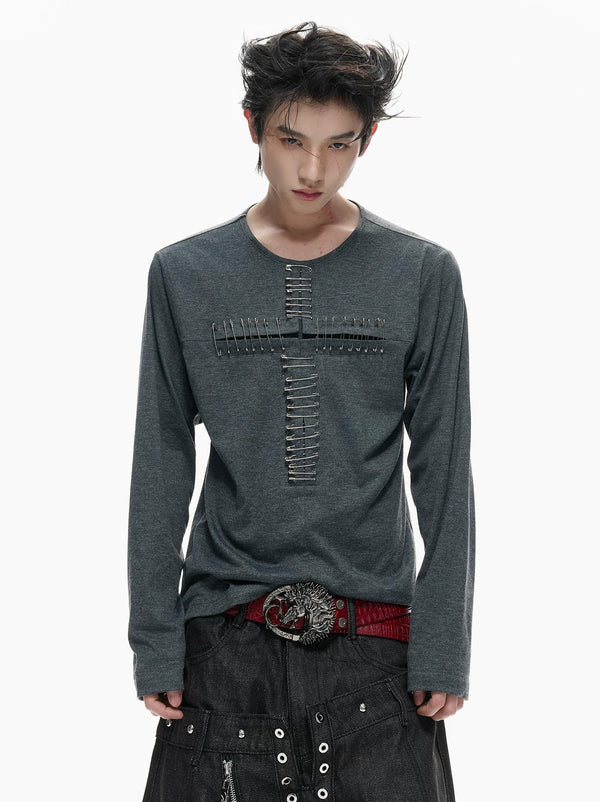 Cross-Pin Henley Long-Sleeve Top — Gray - Top — styling view 2