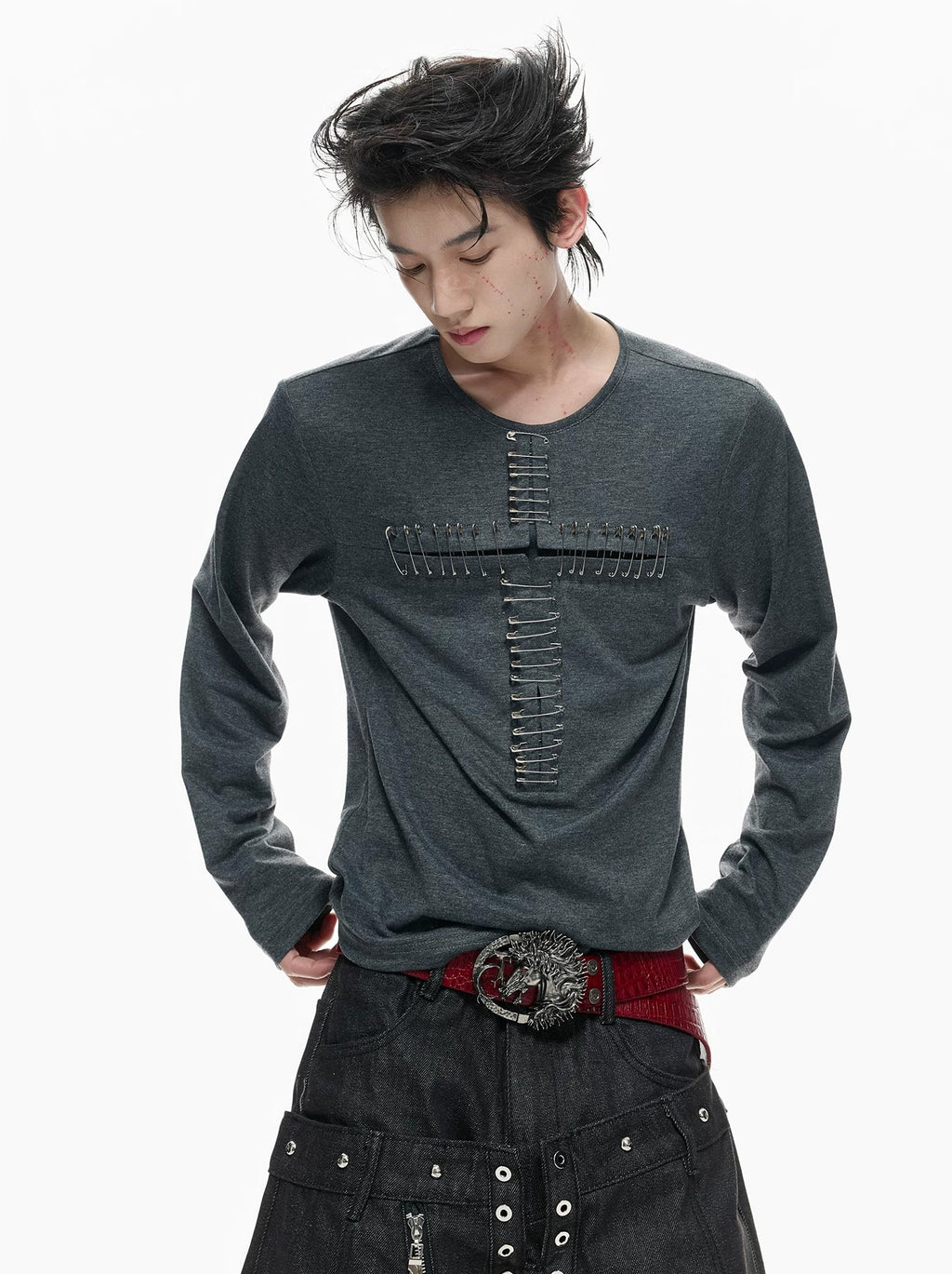 Cross-Pin Henley Long-Sleeve Top — Gray - Top — styling view 4