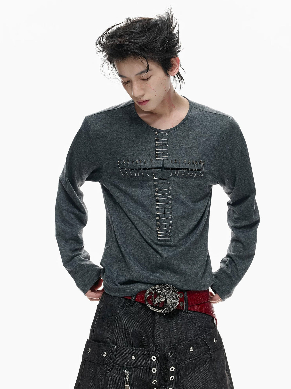 Cross-Pin Henley Long-Sleeve Top — Gray - Top — styling view 4