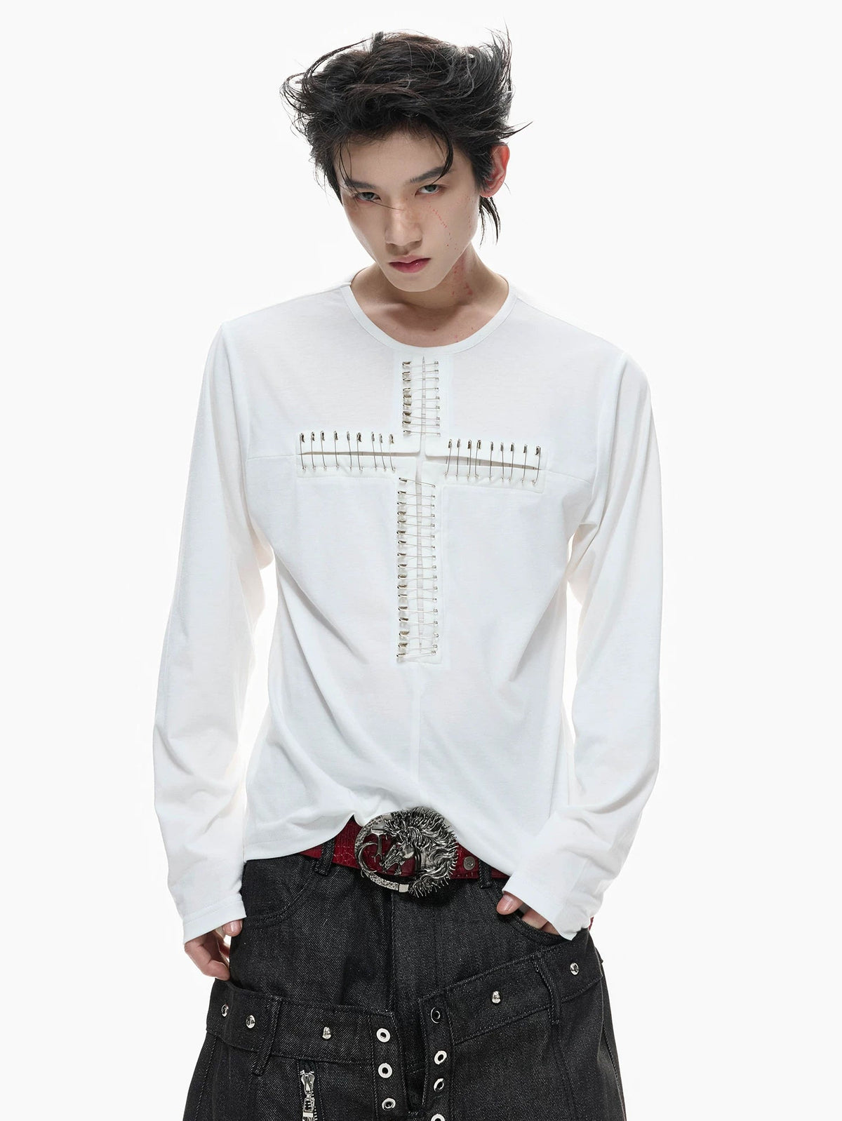 Cross-Pin Henley Long-Sleeve Top — White - Top — styling view 1