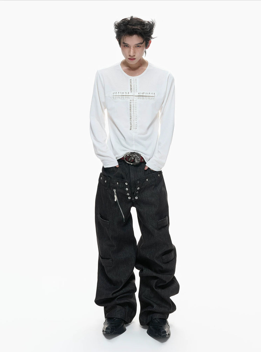 Cross-Pin Henley Long-Sleeve Top — White - Top — styling view 4
