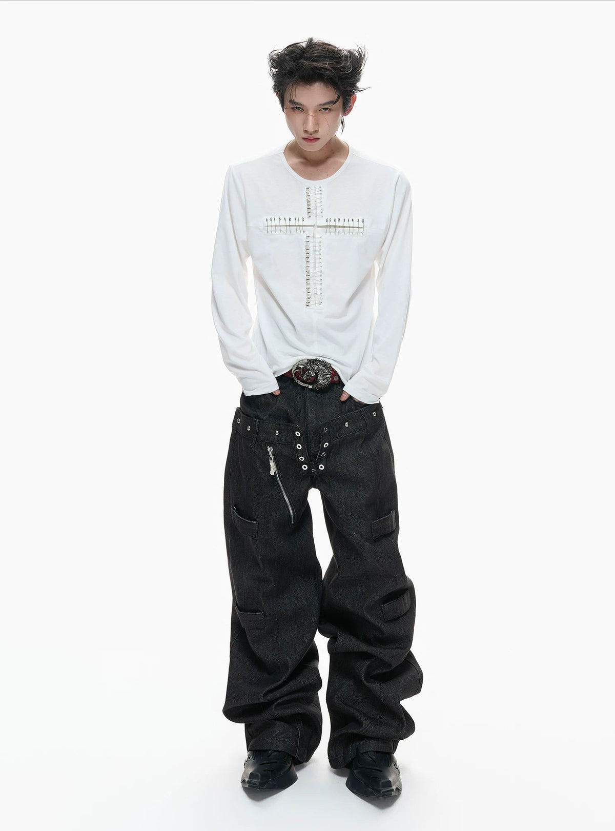 Cross-Pin Henley Long-Sleeve Top — White - Top — styling view 4