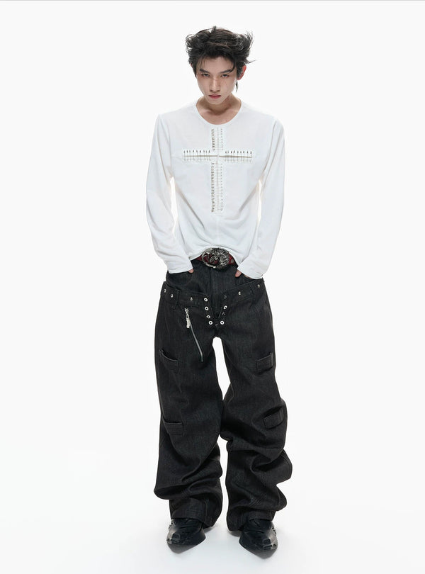 Cross-Pin Henley Long-Sleeve Top — White - Top — styling view 4