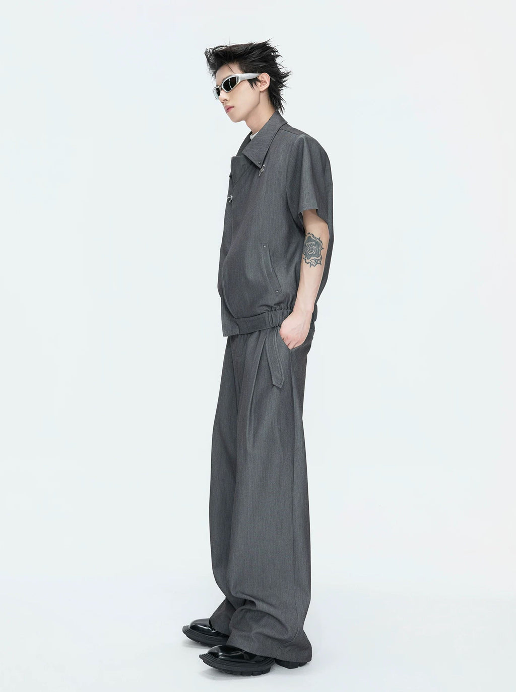 Asymmetric Layered Cropped Jacket Set — Gray - Top / Gray - Pants — styling view 2