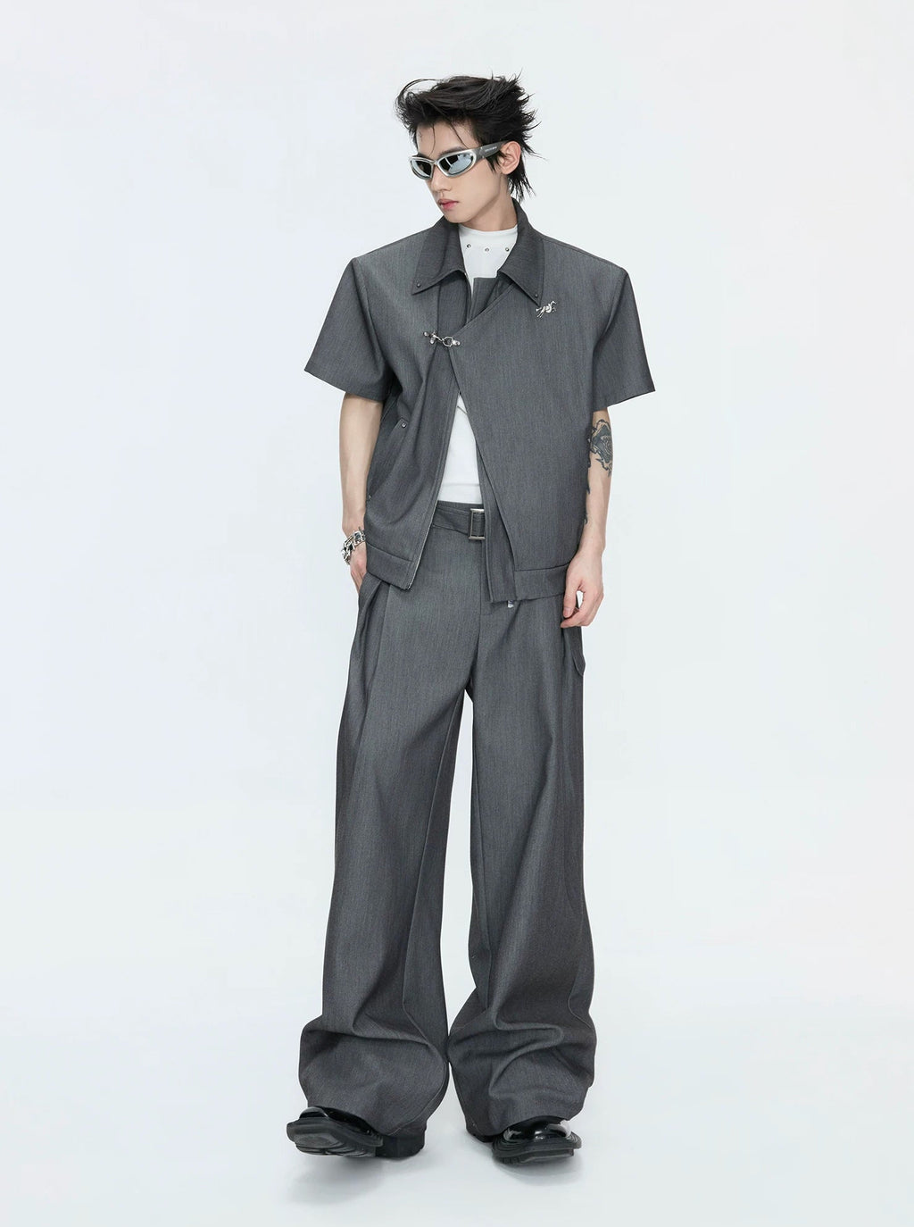 Asymmetric Layered Cropped Jacket Set — Gray - Top / Gray - Pants — styling view 3