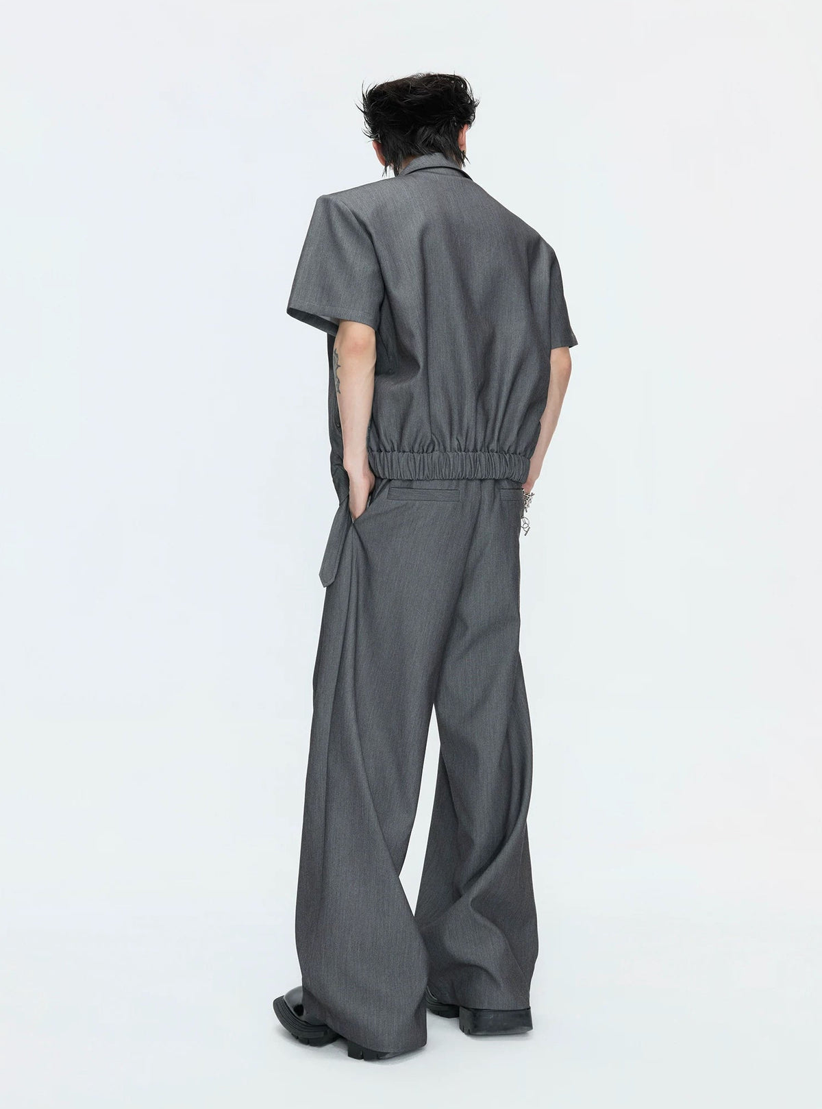 Asymmetric Layered Cropped Jacket Set — Gray - Top / Gray - Pants — back