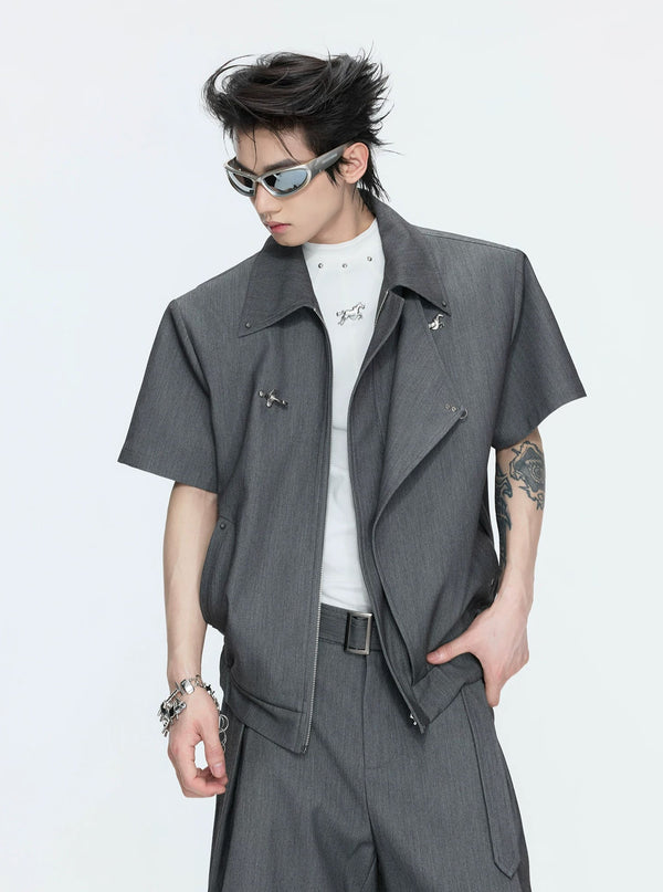 Asymmetric Layered Cropped Jacket Set — Gray - Top — styling view 1