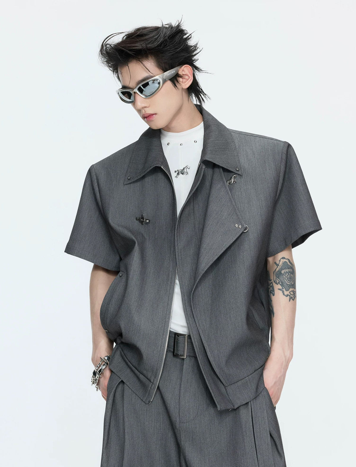 Asymmetric Layered Cropped Jacket Set — Gray - Top — styling view 2 메인 이미지