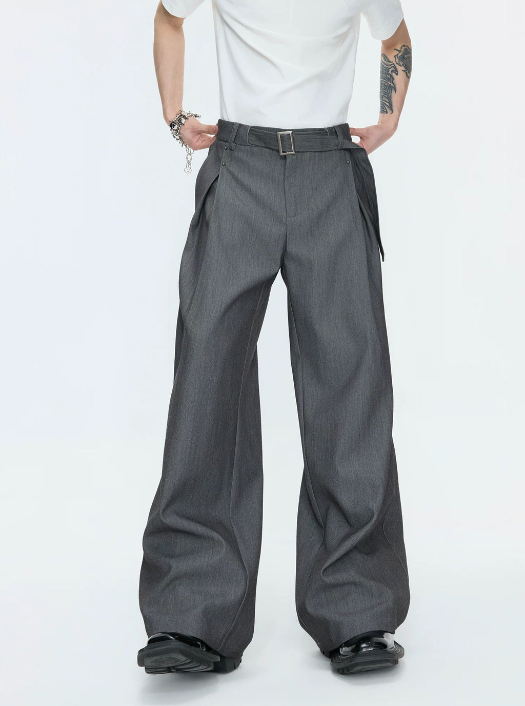 Asymmetric Layered Cropped Jacket Set — Gray - Pants — styling view 1