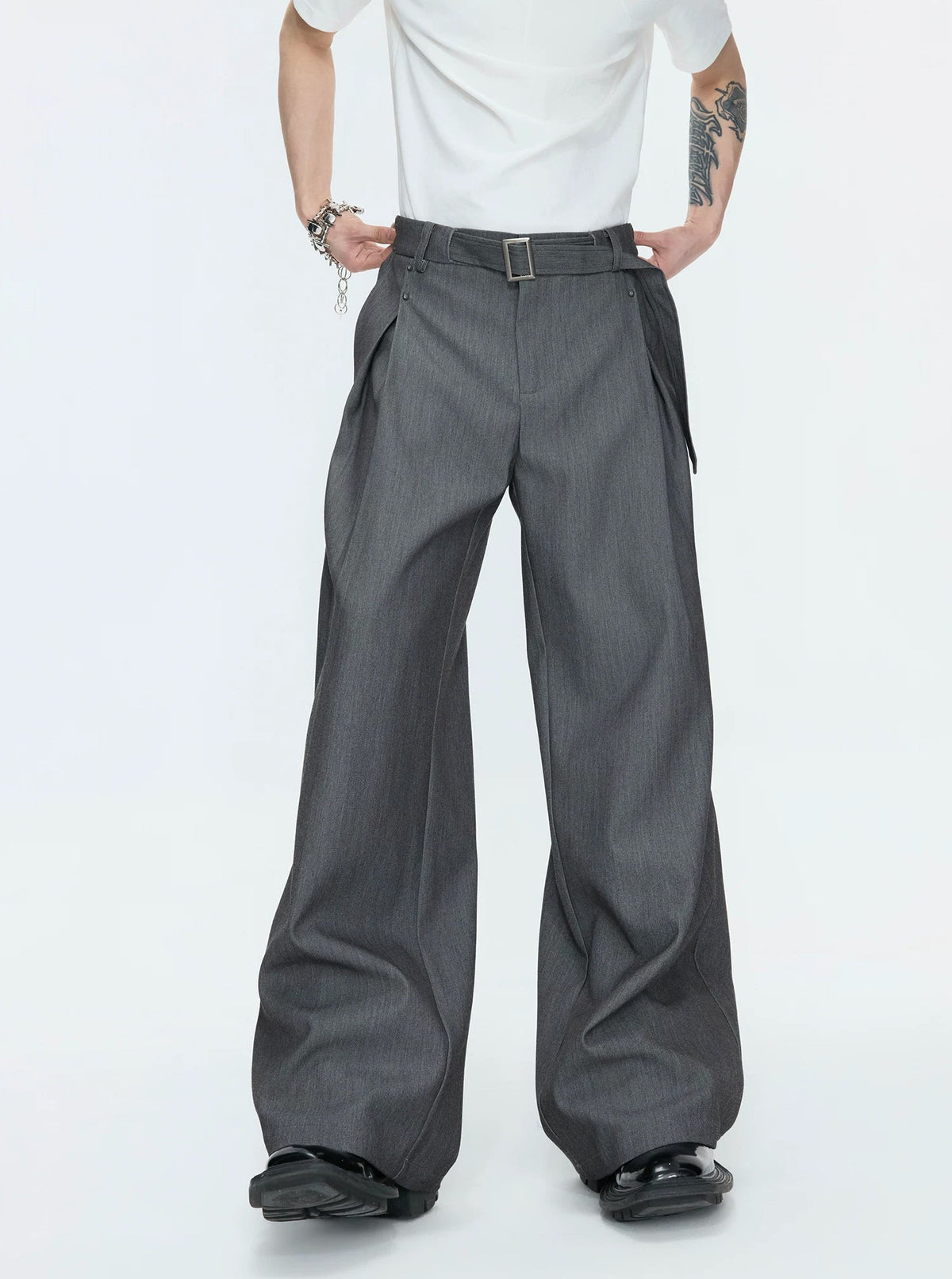 Asymmetric Layered Cropped Jacket Set — Gray - Pants — styling view 1