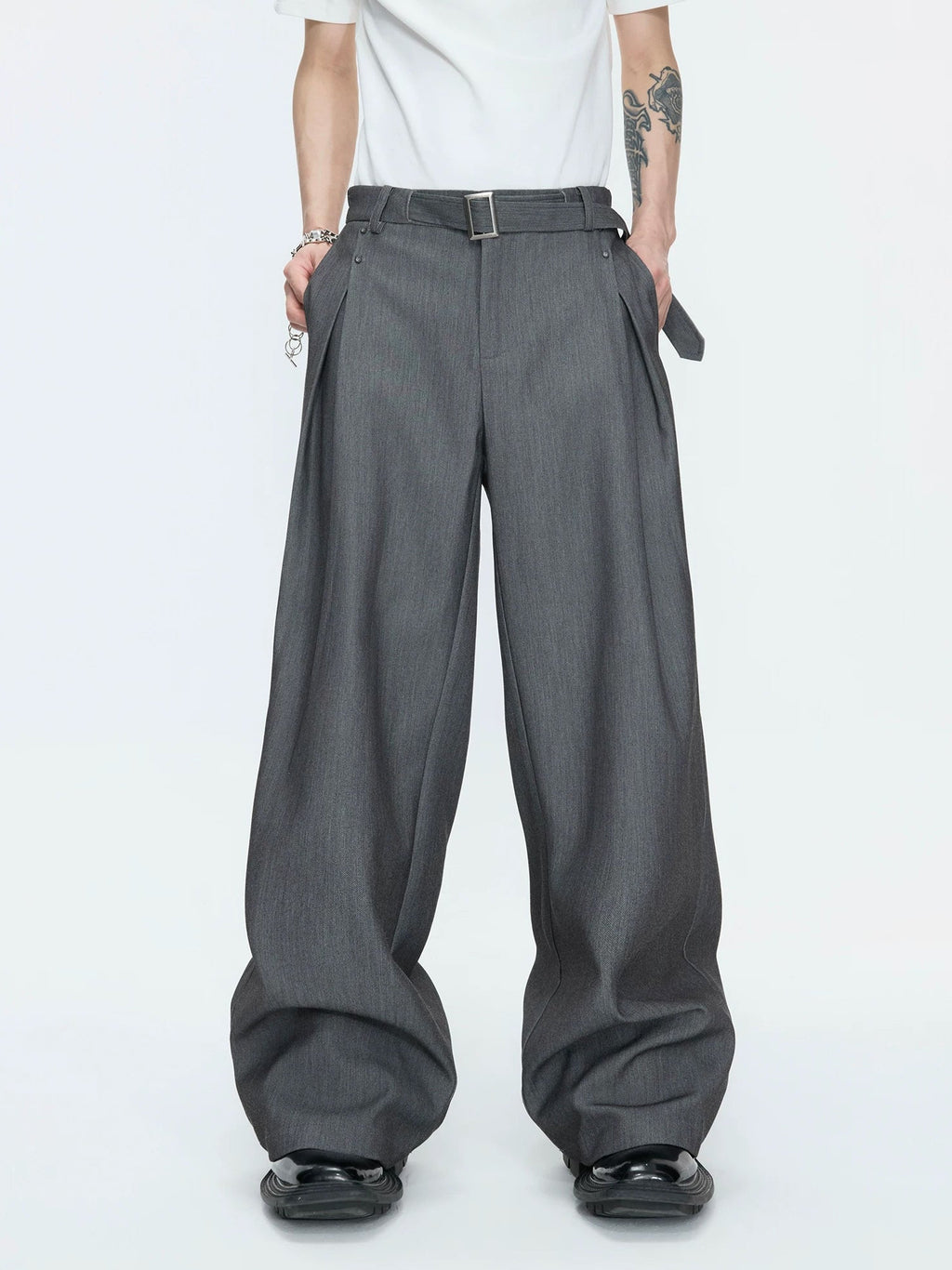 Asymmetric Layered Cropped Jacket Set — Gray - Pants — styling view 2