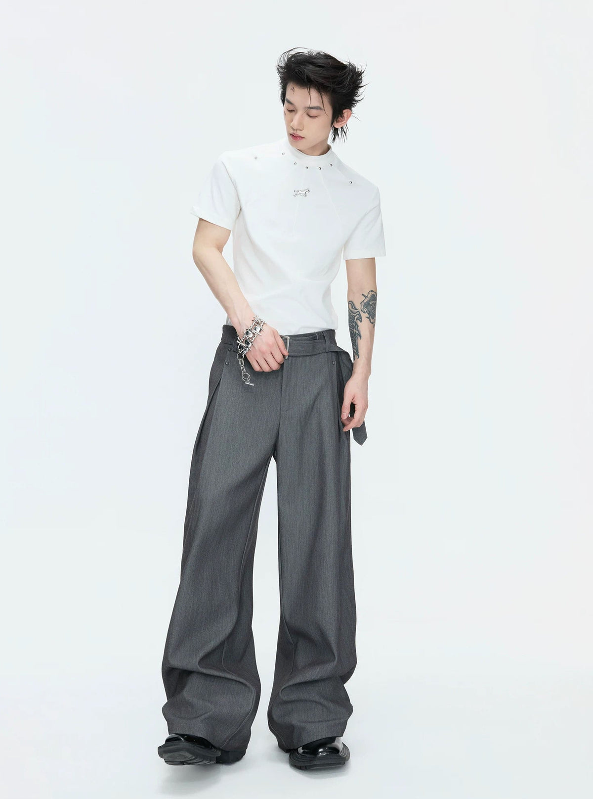 Asymmetric Layered Cropped Jacket Set — Gray - Pants — styling view 3