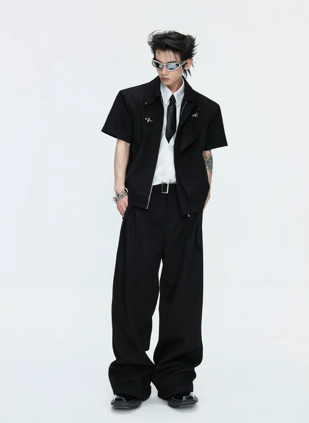 Asymmetric Layered Cropped Jacket Set — Black - Top / Black - Pants — styling view 1