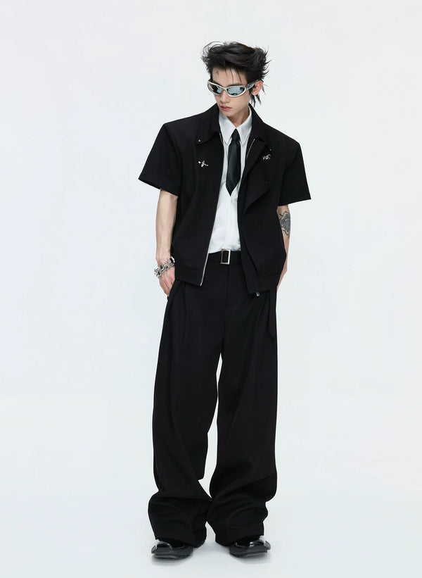 Asymmetric Layered Cropped Jacket Set — Black - Top / Black - Pants — styling view 1