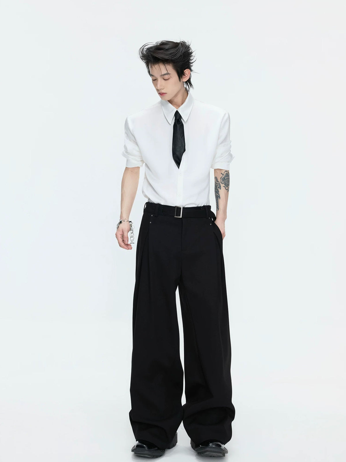 Asymmetric Layered Cropped Jacket Set — Black - Pants — styling