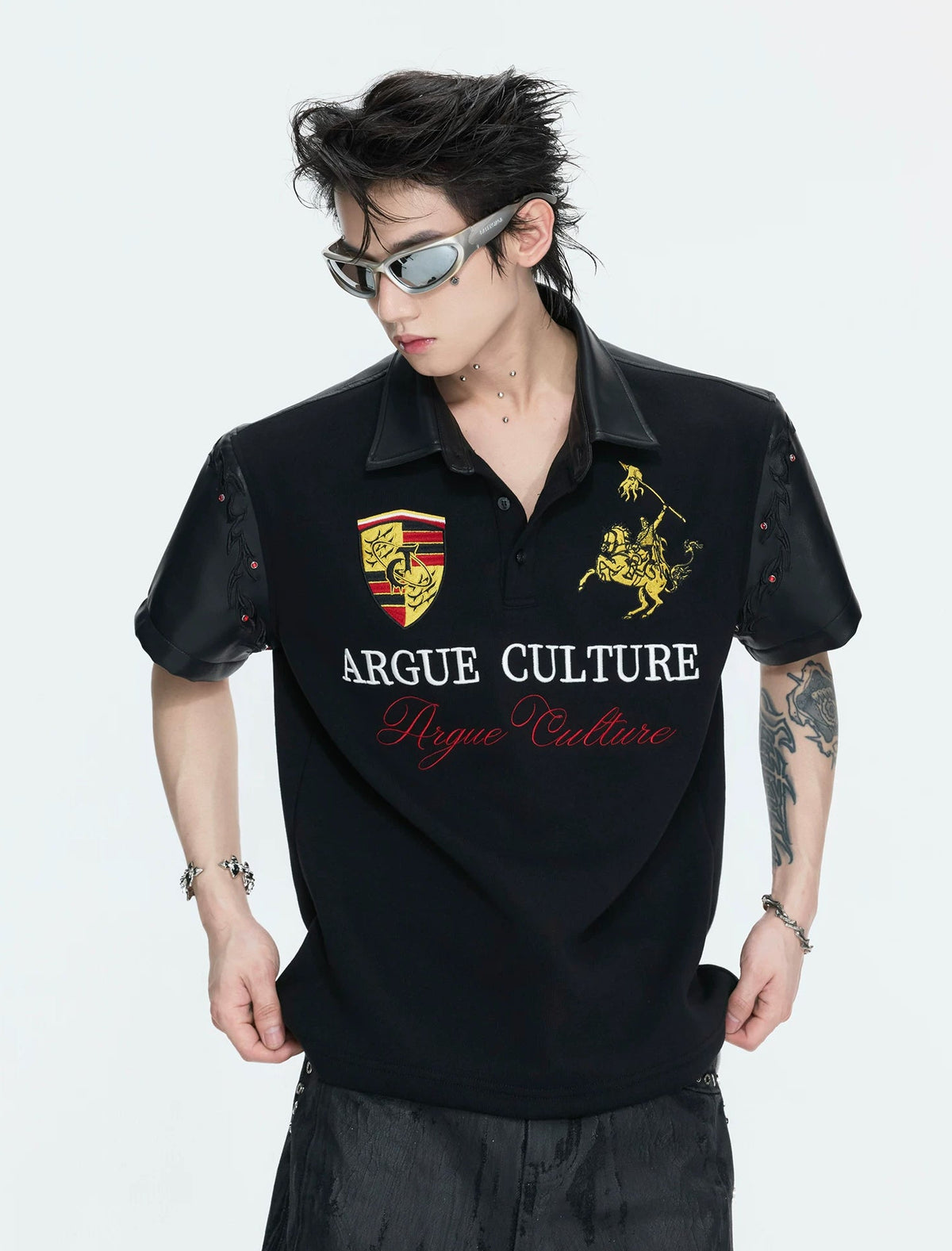 Contrast-Trim Embroidered Polo Shirt — Black - Top — styling view 7
