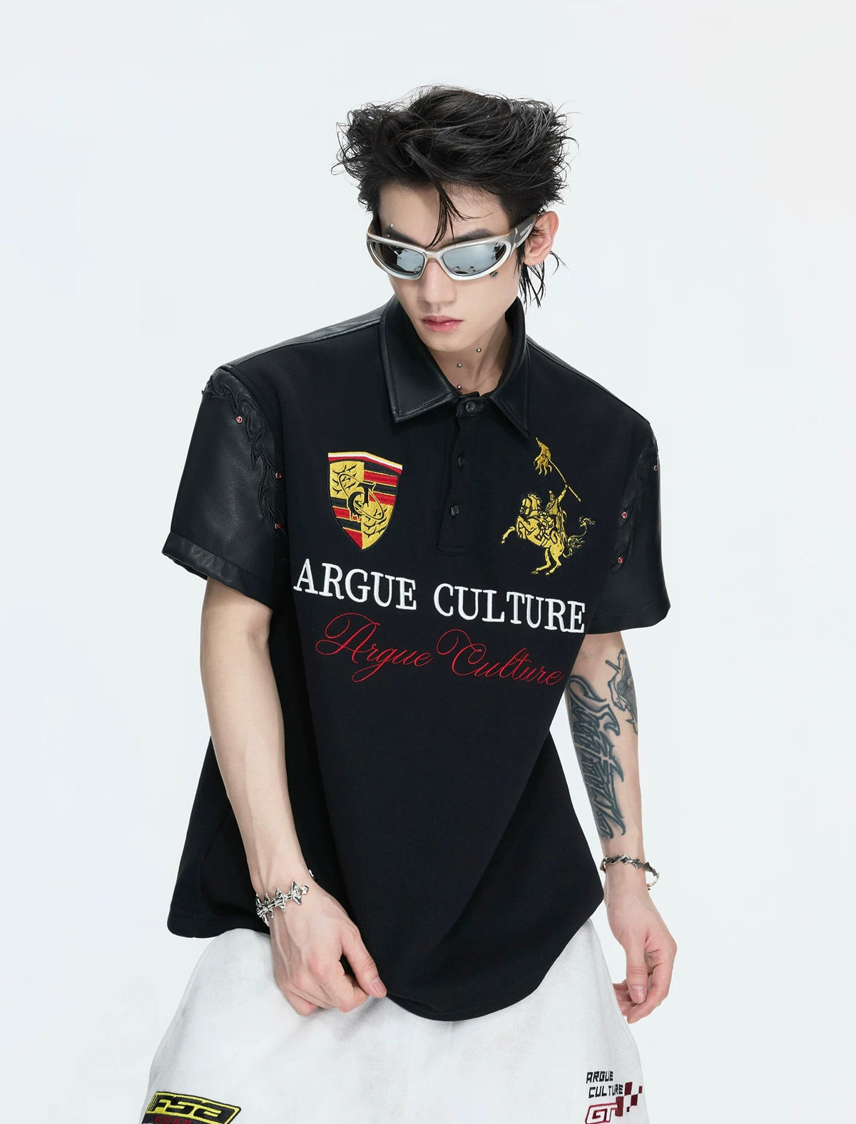 Contrast-Trim Embroidered Polo Shirt — Black - Top — styling view 9