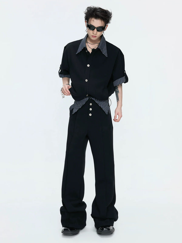 Layered Stripe Short-Sleeve Shirt Set — Black - Top - Edition 1 / Black - Pants - Edition 1 — styling view 1