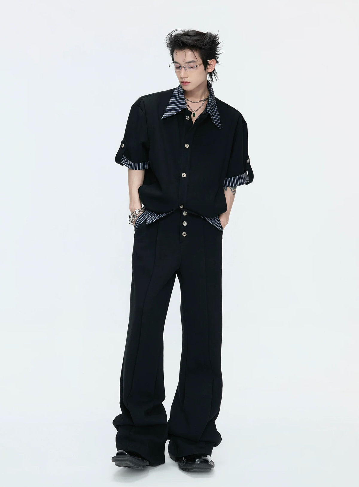 Layered Stripe Short-Sleeve Shirt Set — Black - Top - Edition 1 / Black - Pants - Edition 1 — styling view 2