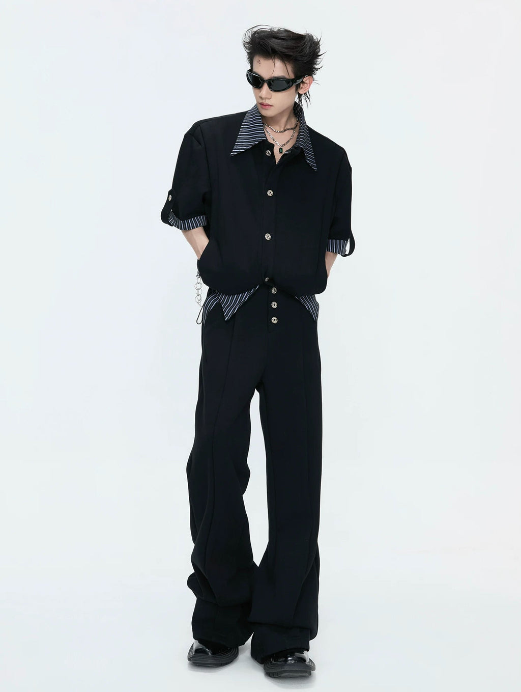 Layered Stripe Short-Sleeve Shirt Set — Black - Top - Edition 1 / Black - Pants - Edition 1 — styling view 3