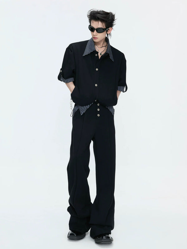 Layered Stripe Short-Sleeve Shirt Set — Black - Top - Edition 1 / Black - Pants - Edition 1 — styling view 3