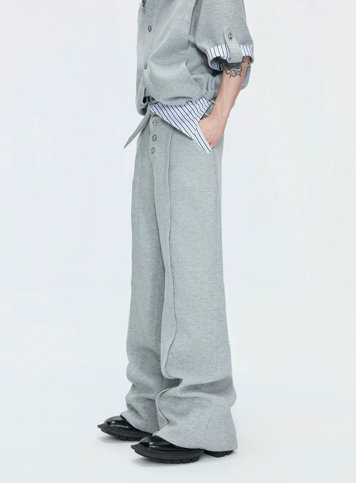 Layered Stripe Short-Sleeve Shirt Set — Gray - Pants - Edition 1 — detail view 2