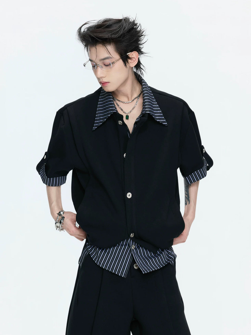 Layered Stripe Short-Sleeve Shirt Set — Black - Top - Edition 1 — styling