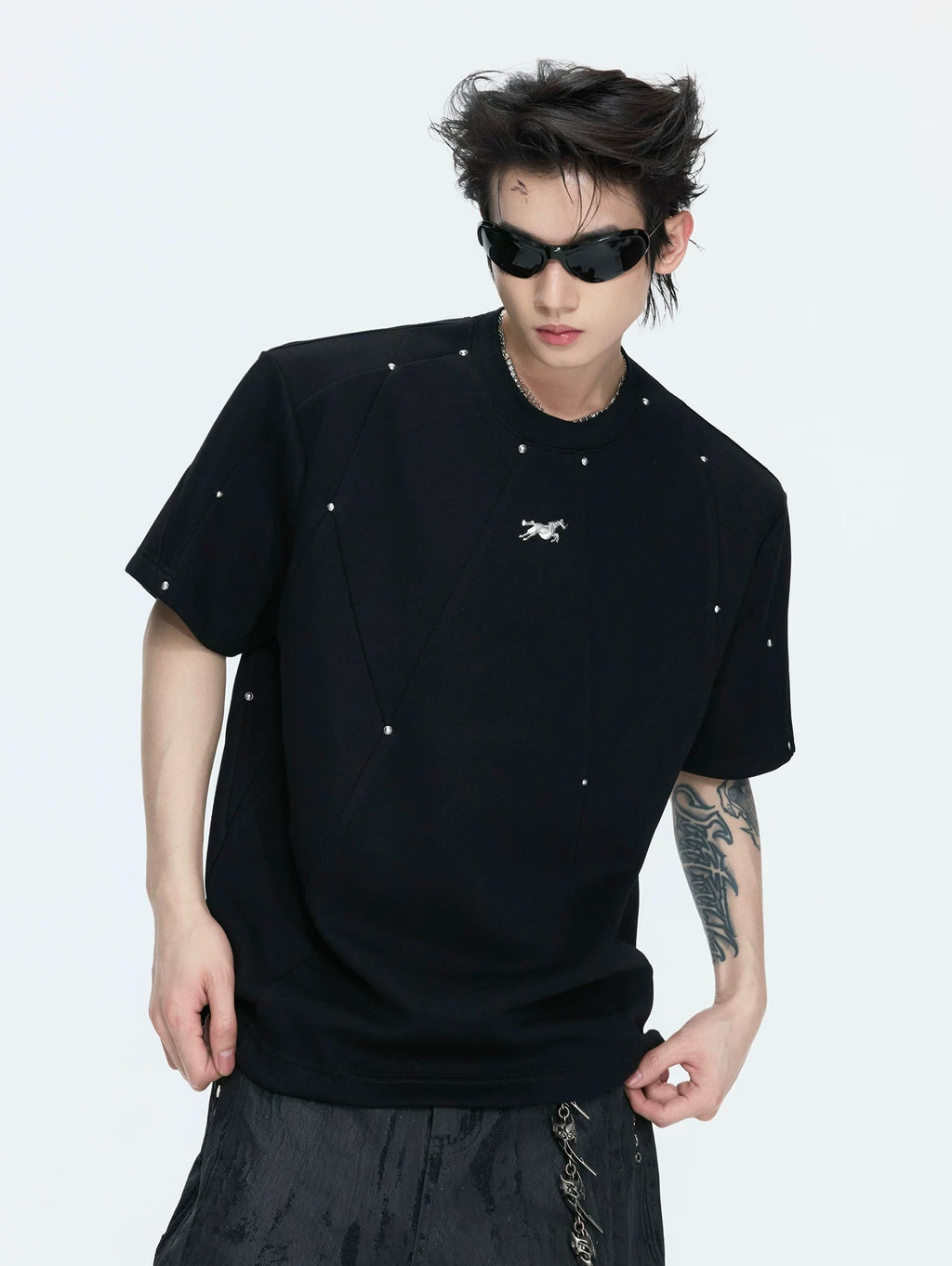 Studded Deconstructed Boxy T-Shirt — Black - Top — styling view 1