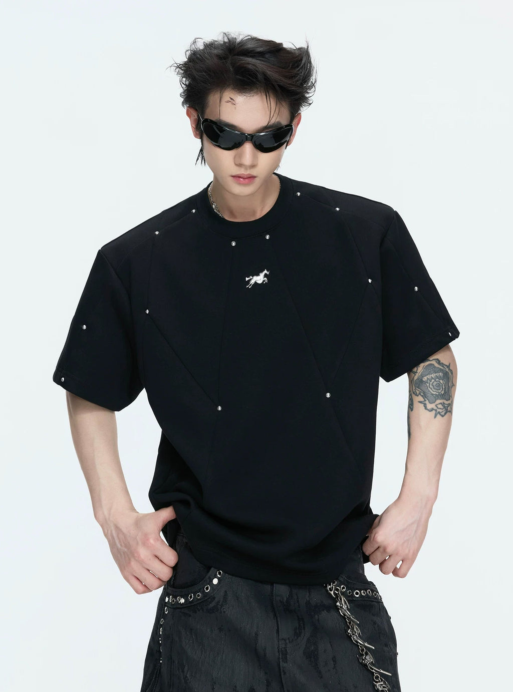 Studded Deconstructed Boxy T-Shirt — Black - Top — styling view 2