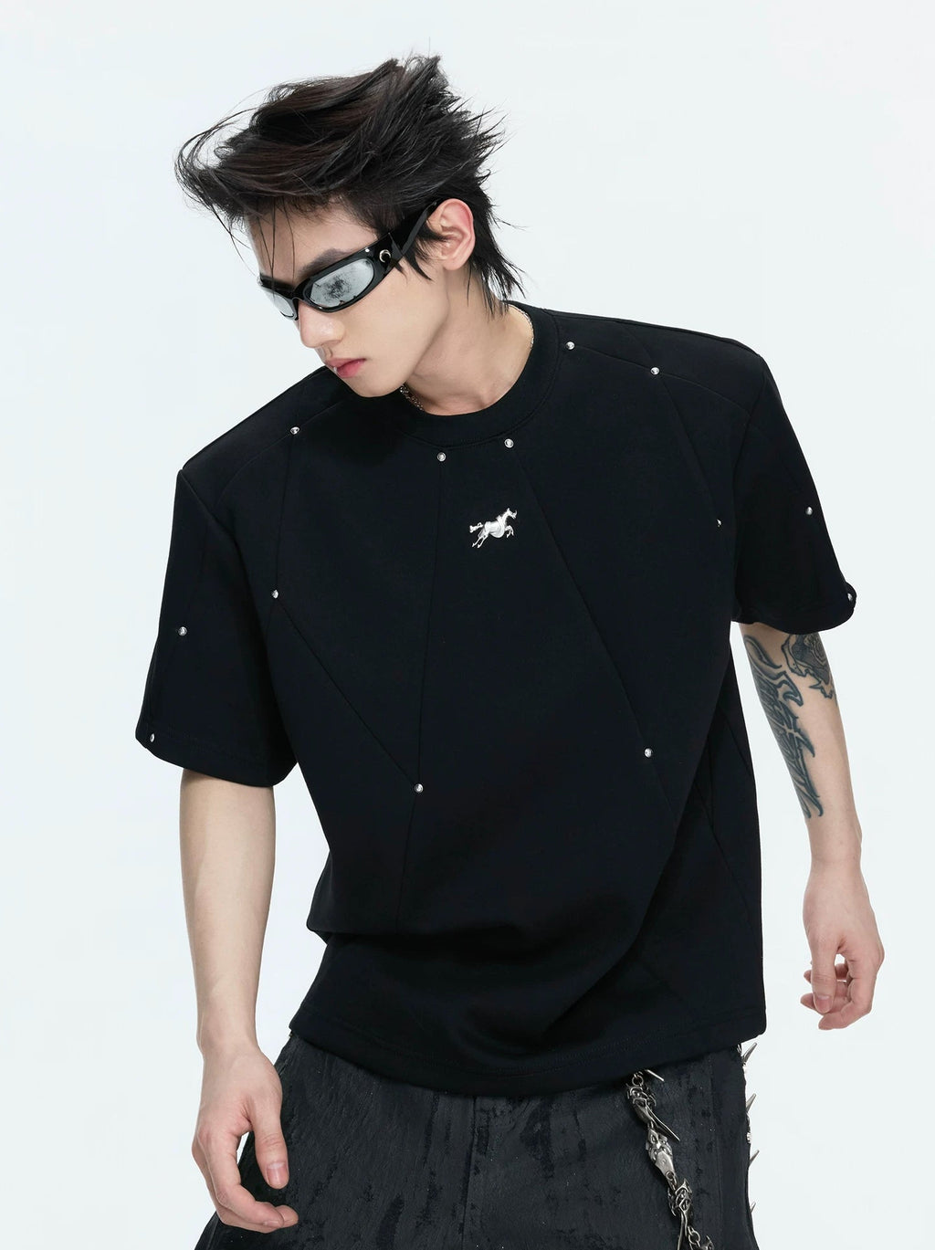 Studded Deconstructed Boxy T-Shirt — Black - Top — styling view 4