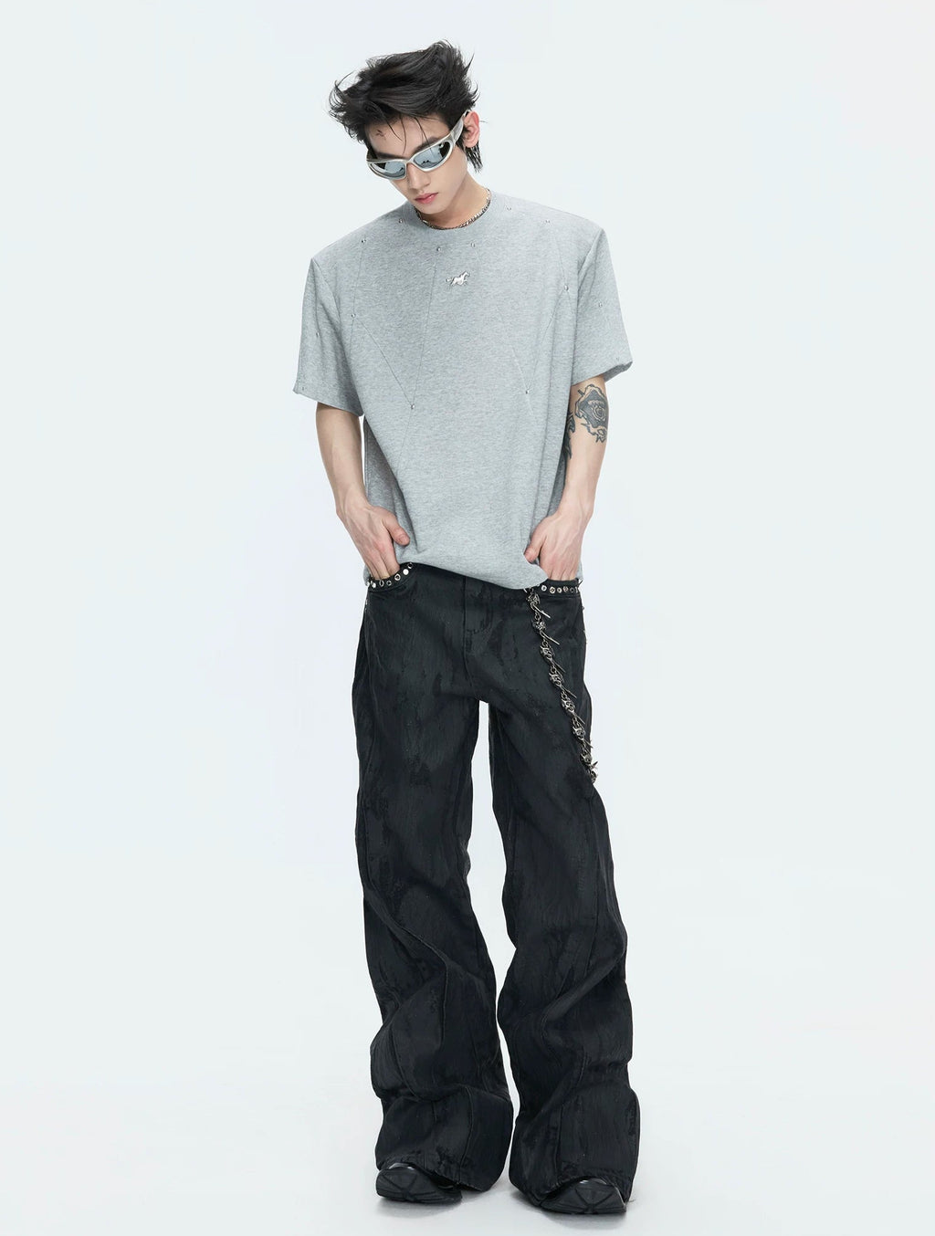 Studded Deconstructed Boxy T-Shirt — Gray - Top — styling view 1