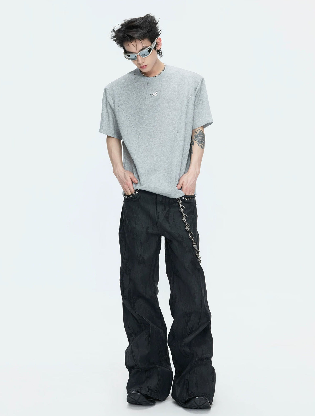 Studded Deconstructed Boxy T-Shirt — Gray - Top — styling view 1