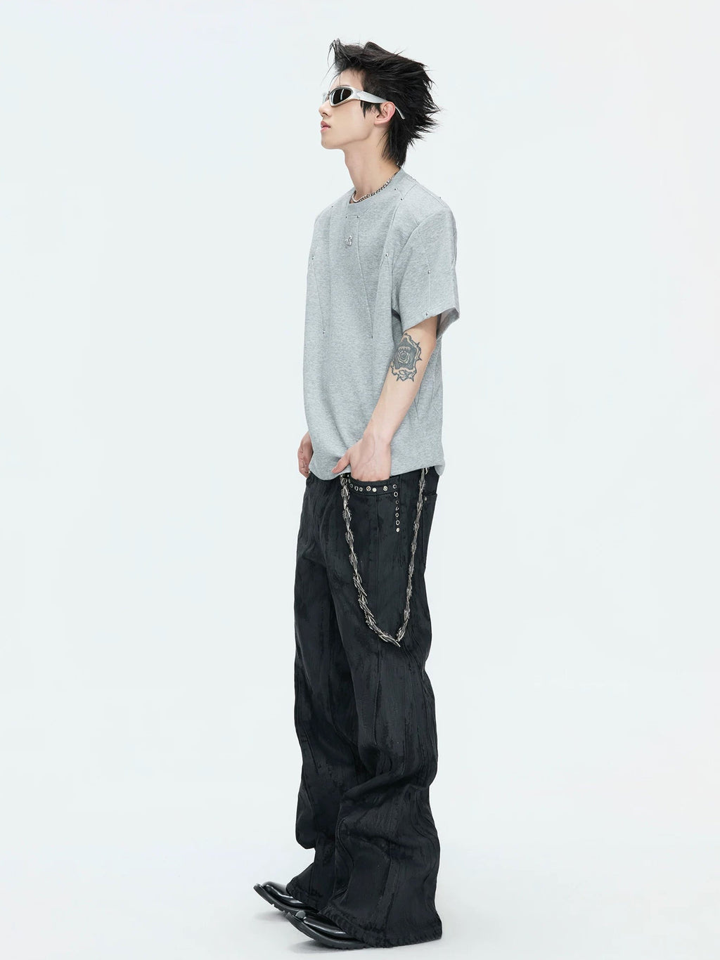 Studded Deconstructed Boxy T-Shirt — Gray - Top — styling view 2