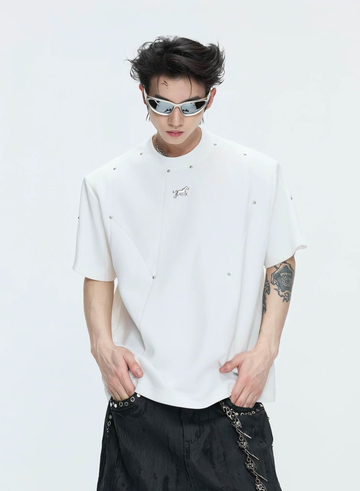 Studded Deconstructed Boxy T-Shirt — White - Top — styling view 2