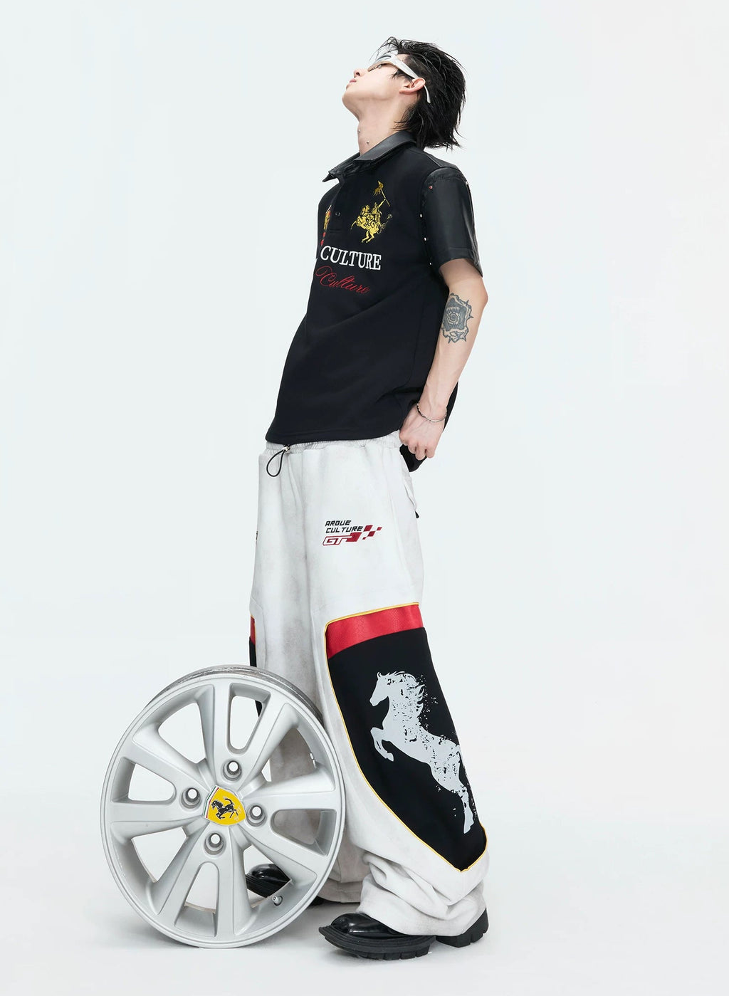 Double-Waist Embroidered Baggy Sweatpants — White - Pants — styling view 2