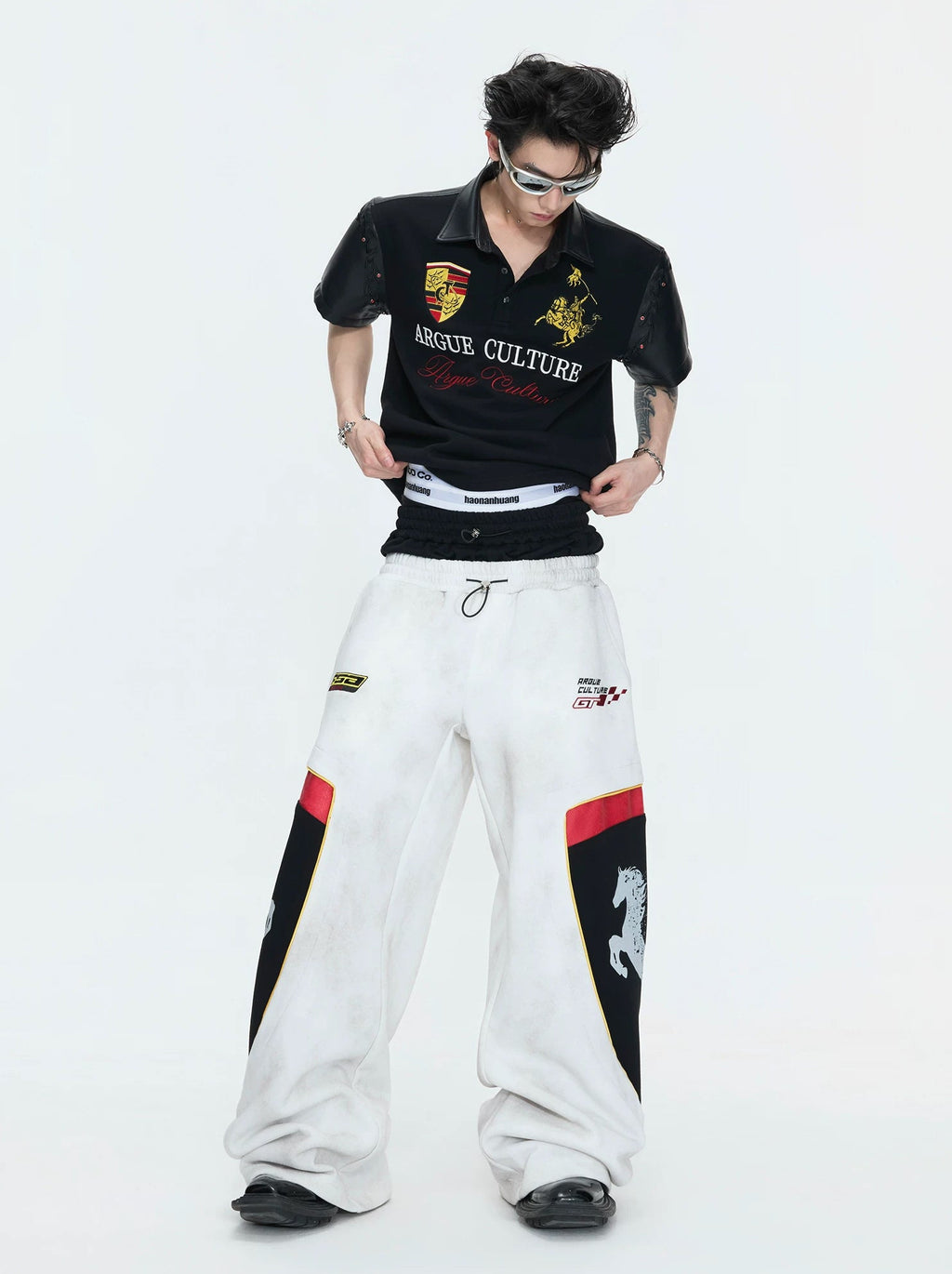 Double-Waist Embroidered Baggy Sweatpants — White - Pants — styling view 3