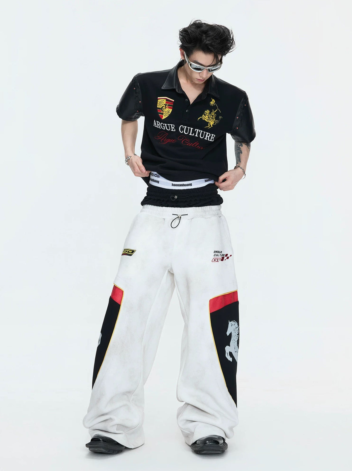 Double-Waist Embroidered Baggy Sweatpants — White - Pants — styling view 3