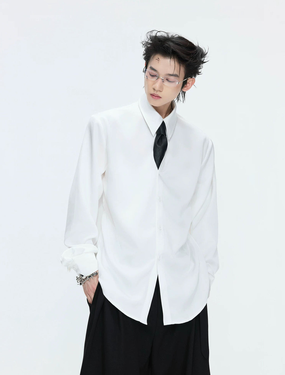 Satin-Finish Waist-Shaped Shirt — White — styling view 2
