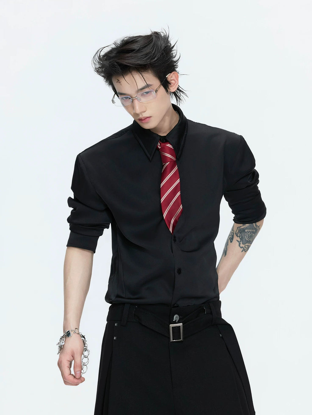 Satin-Finish Waist-Shaped Shirt — Black — styling view 2