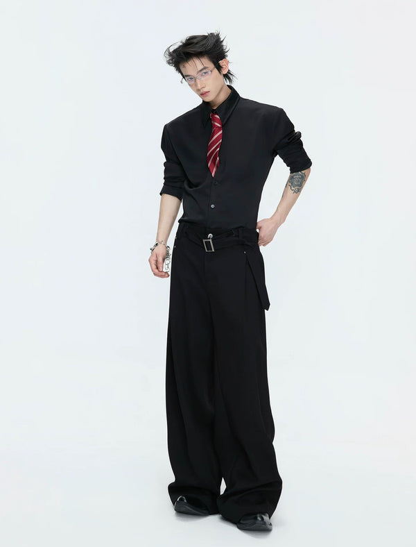 Satin-Finish Waist-Shaped Shirt — Black — styling view 3