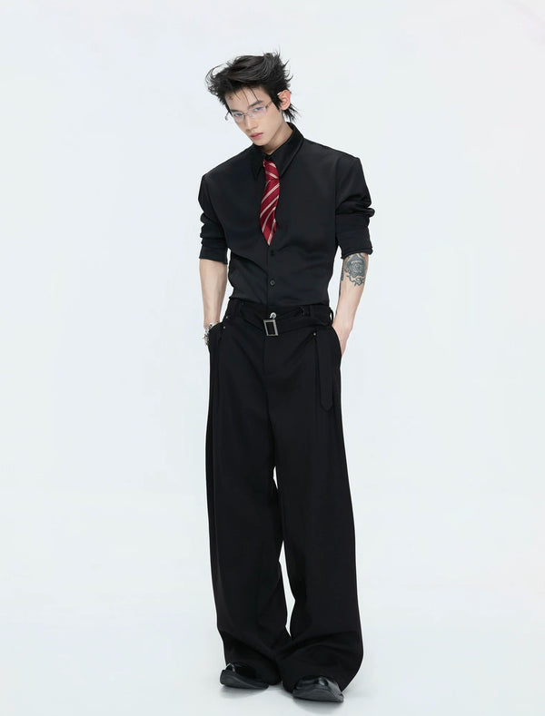 Satin-Finish Waist-Shaped Shirt — Black — styling view 4