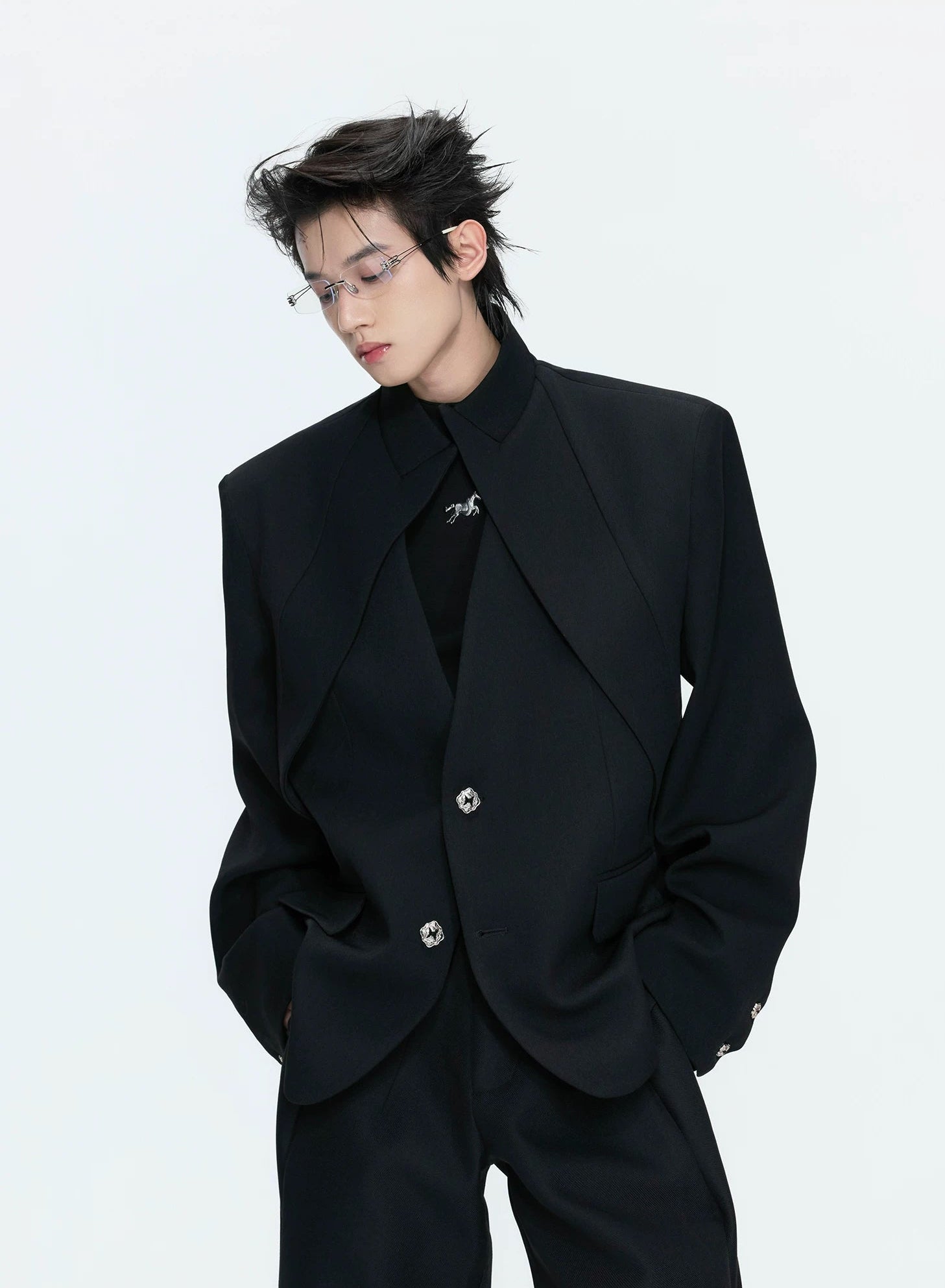 Layered V-Neck Waist-Shaped Blazer Set 서브 이미지