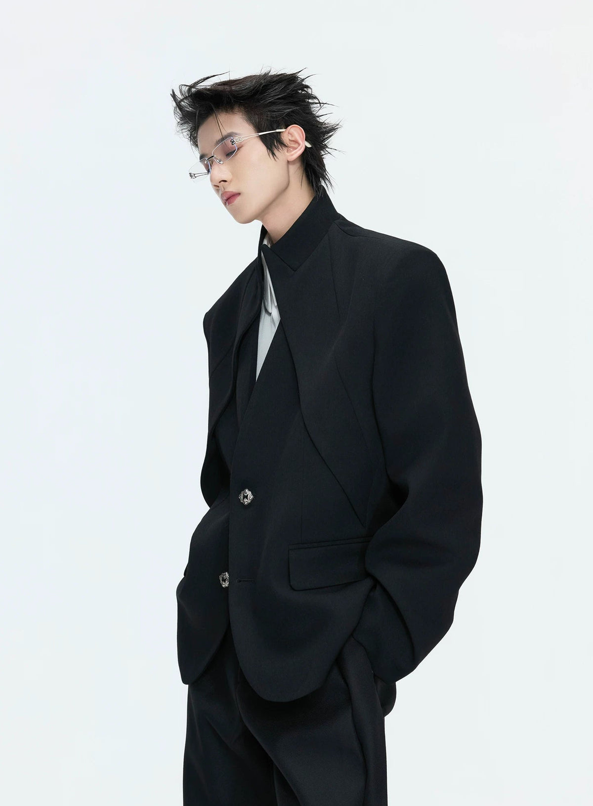 Layered V-Neck Waist-Shaped Blazer Set — Black - Top — styling view 2