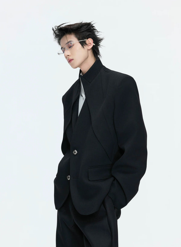 Layered V-Neck Waist-Shaped Blazer Set — Black - Top — styling view 2