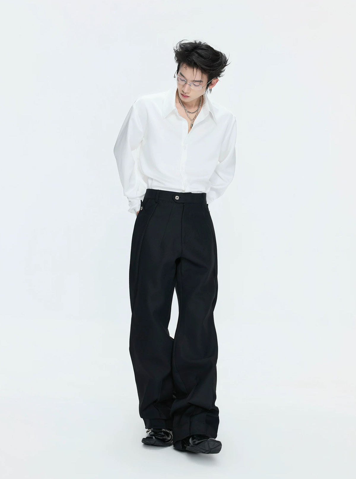 Layered V-Neck Waist-Shaped Blazer Set — Black - Pants — styling view 1