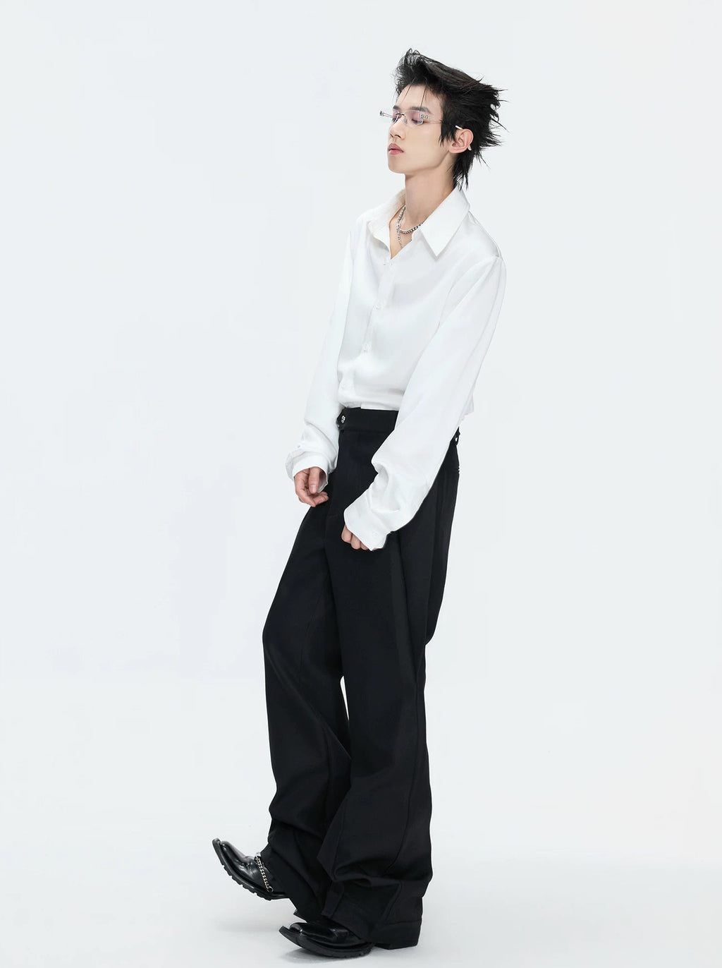 Layered V-Neck Waist-Shaped Blazer Set — Black - Pants — styling view 2