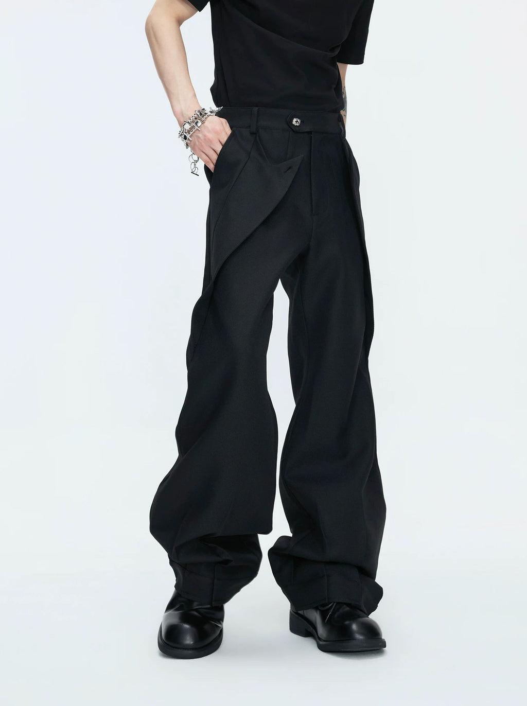 Layered V-Neck Waist-Shaped Blazer Set — Black - Pants — styling view 10