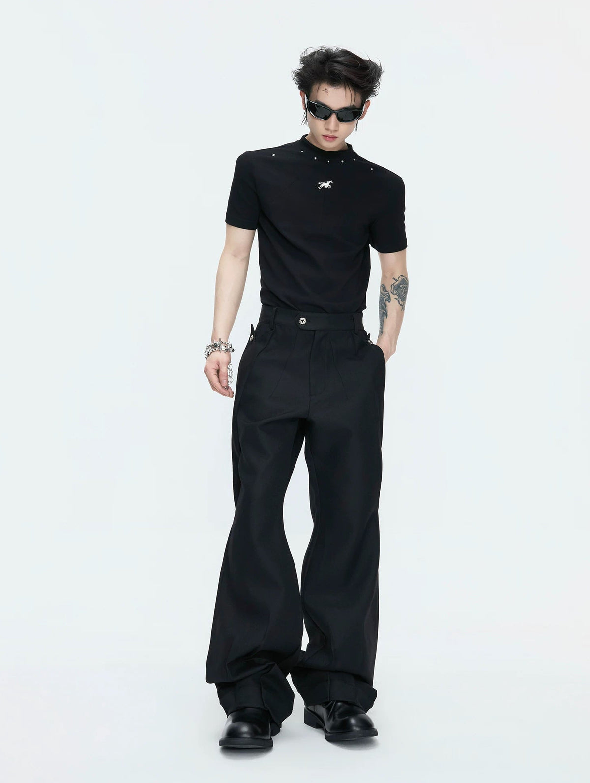 Layered V-Neck Waist-Shaped Blazer Set — Black - Pants — styling view 11