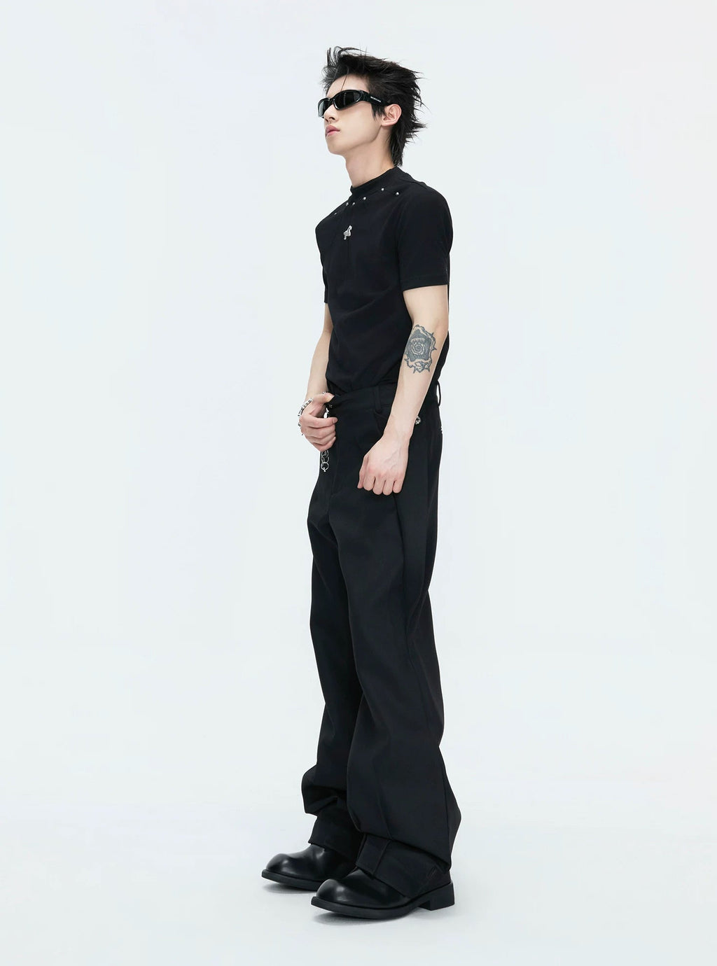 Layered V-Neck Waist-Shaped Blazer Set — Black - Pants — styling view 12